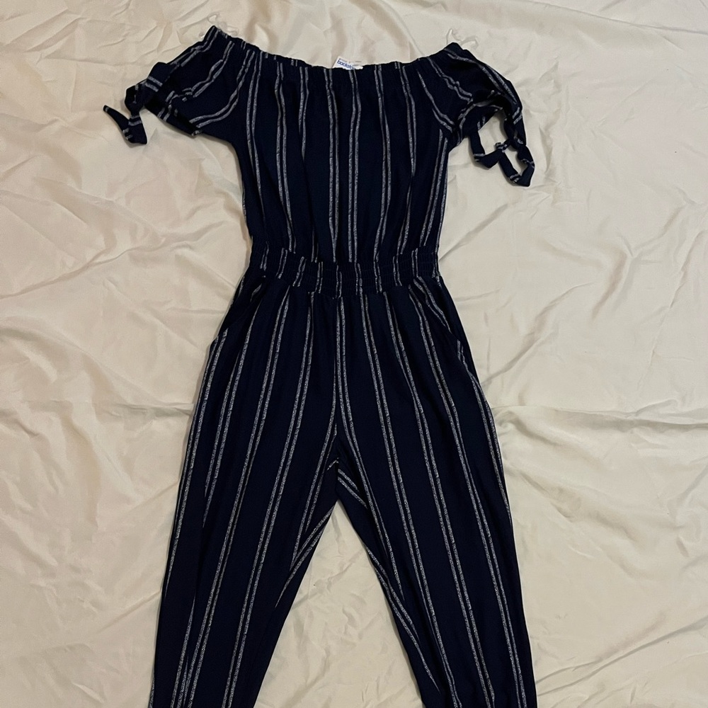 Navy Blue Striped Off the Shoulder Jumpsuit